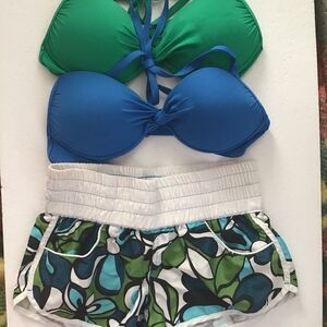 STYLUS Bikini Top (2) Padded B cup SM Green,Blue With KANU LOW rise Bottoms XS